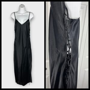 Y2K Victorias Secret Black Satin Slip Dress M 90s Lingerie Dress Side Lace-Up